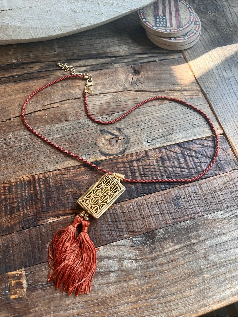 Chico's Gold-Tone Filigree Pendant Necklace with Rust Tassel